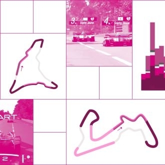 A grid with pink images of racing cars and racing courses