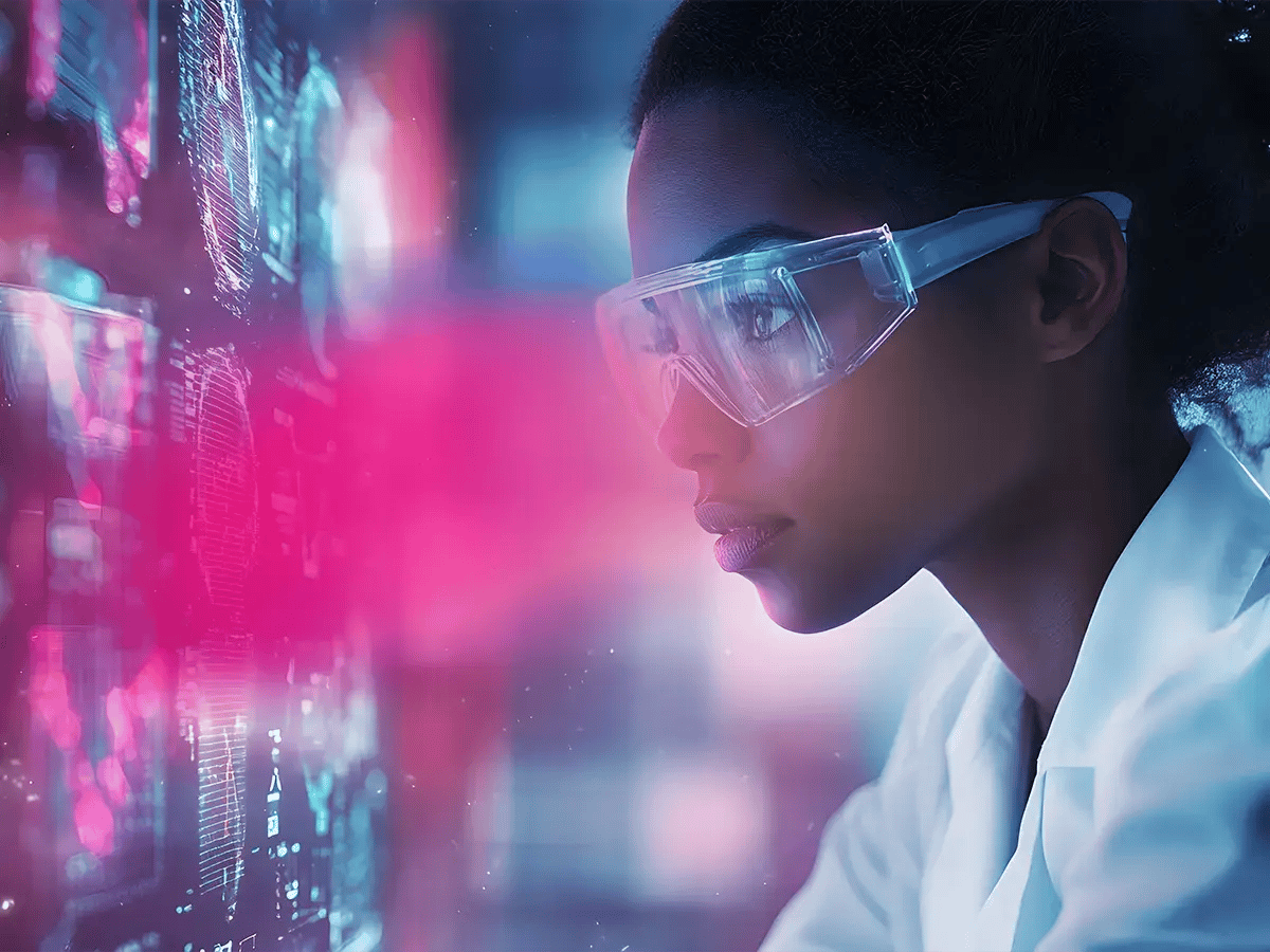 A focused scientist wearing safety goggles examines digital data on a glowing screen, bathed in vibrant pink and blue light