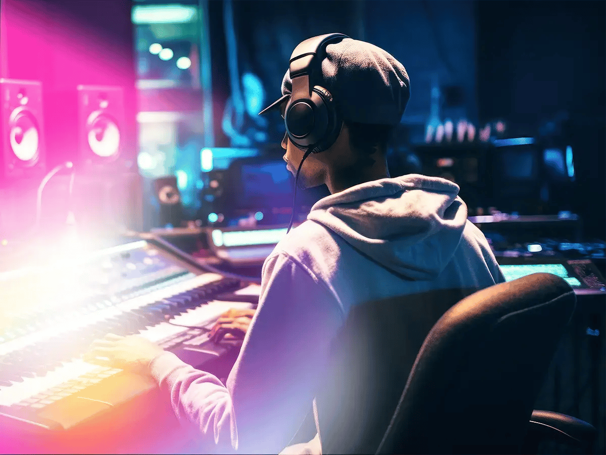 A person in a hoodie and cap sits in a dimly lit music studio, wearing headphones, focused on mixing equipment