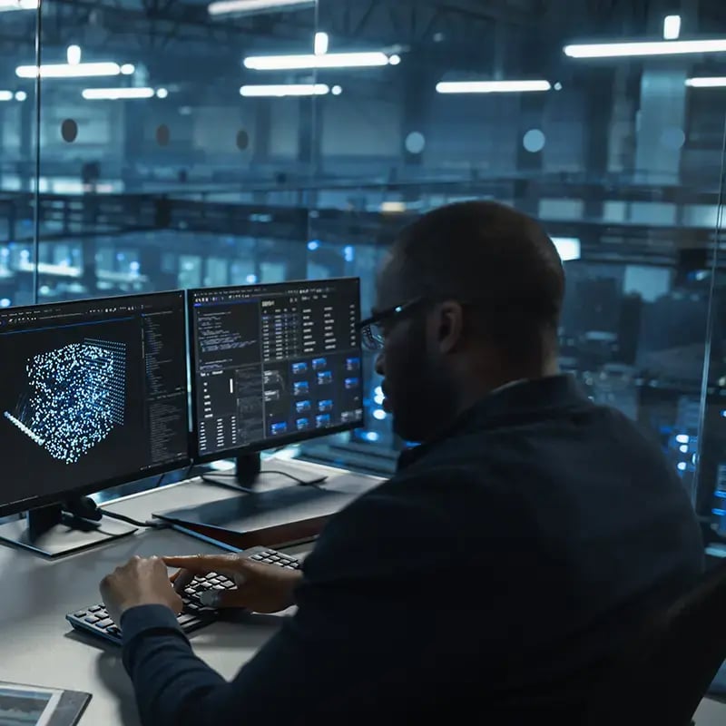 A person works at a computer in a dimly lit tech control room, focusing on data visuals and code on dual monitors