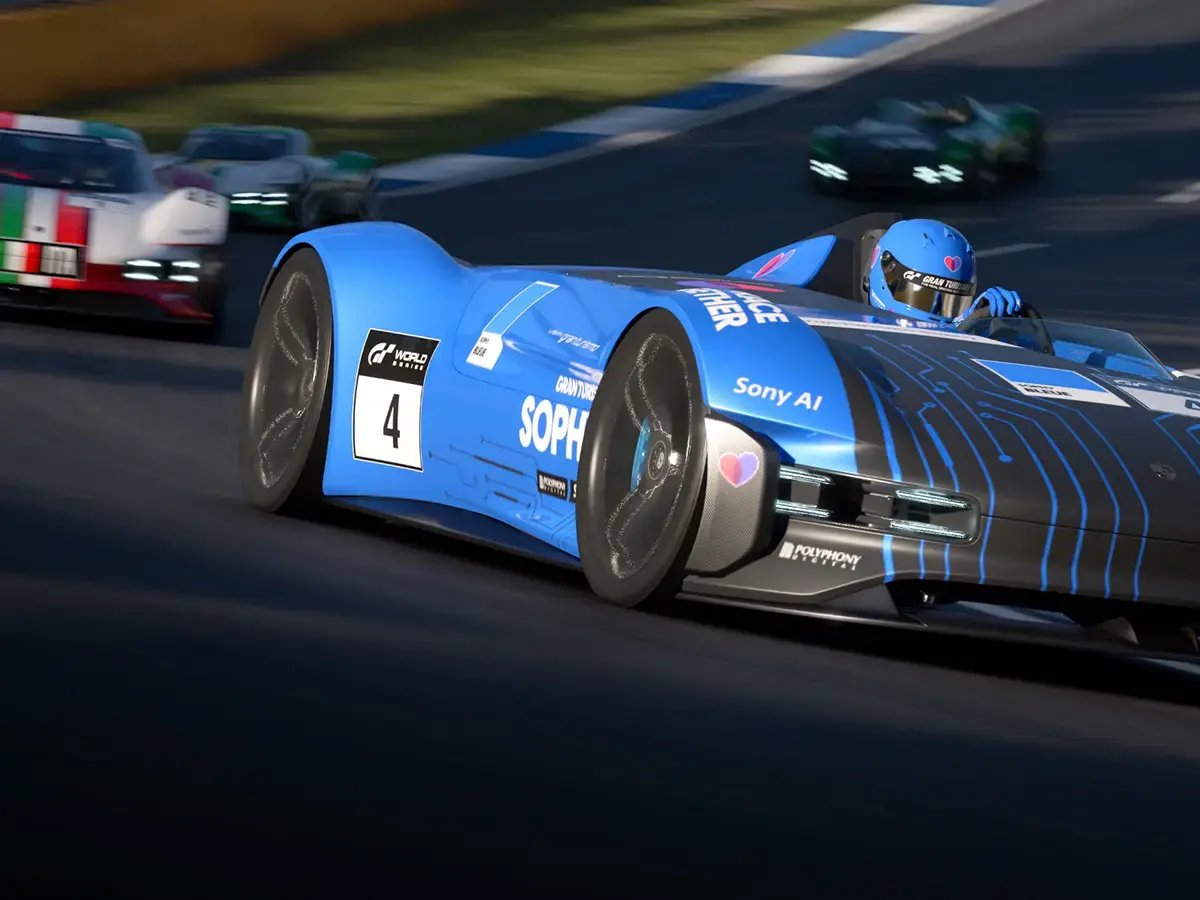 A sleek, blue race car labeled Sophia speeds along a track, surrounded by other cars