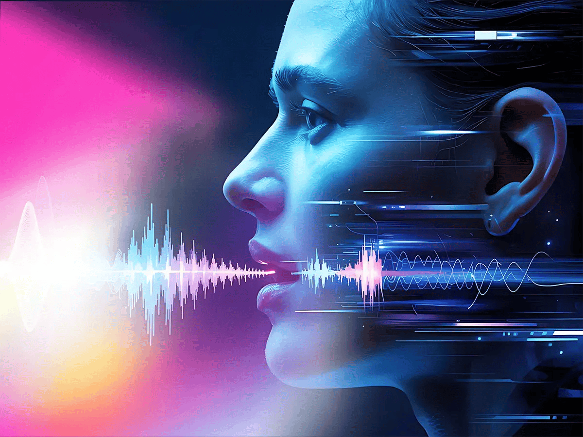 A womans profile with futuristic digital elements, a pink and blue soundwave emerges from her mouth, set against a vibrant, glowing background