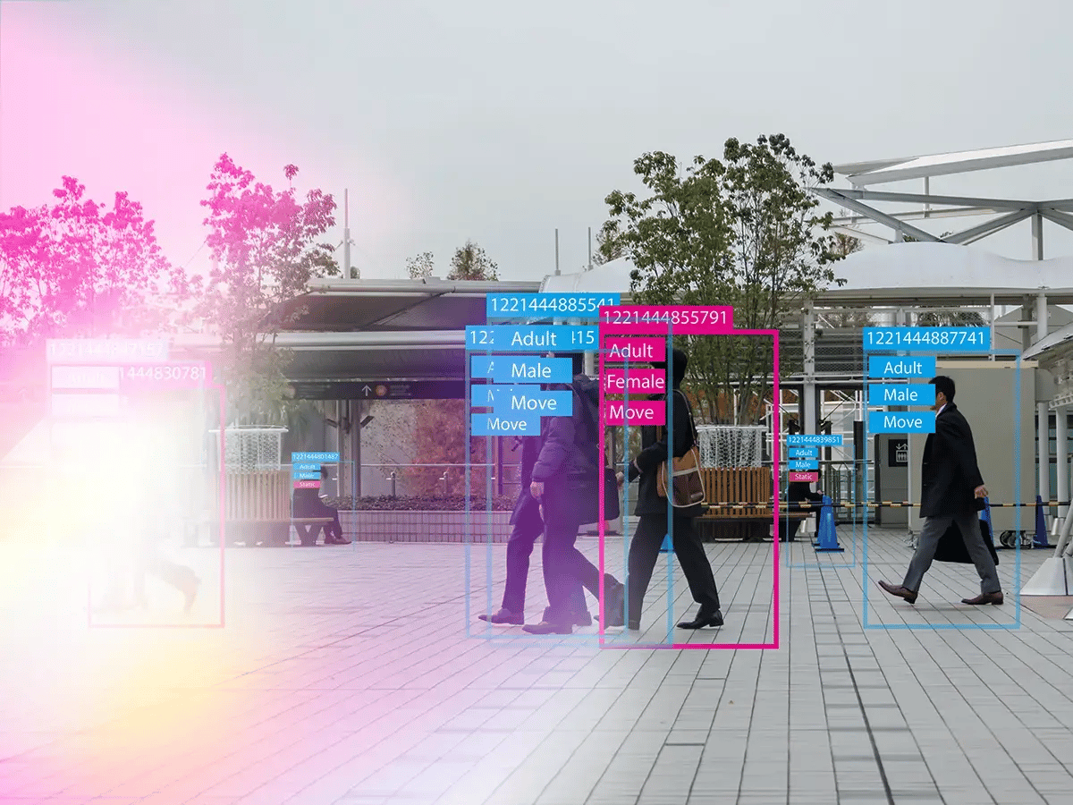 AI overlay on pedestrians in an urban setting with trees and structures