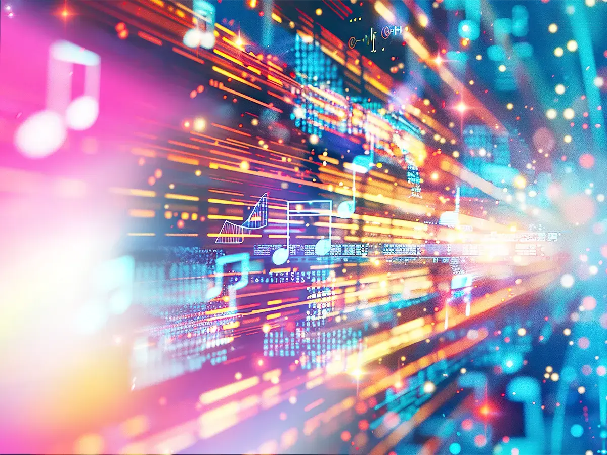 Abstract digital art depicting vibrant music notes and colorful light trails on a dark background