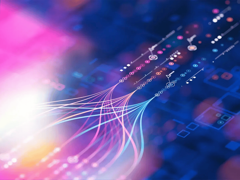 Abstract digital background with interconnected lines and nodes on a dark blue backdrop