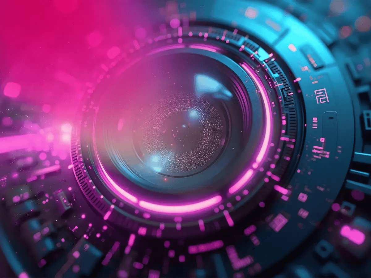 Close-up of a futuristic lens with vibrant pink and blue neon lights