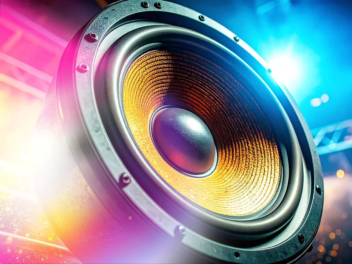 Close-up of a large speaker cone with vibrant orange and black hues, set against a background of colorful lights