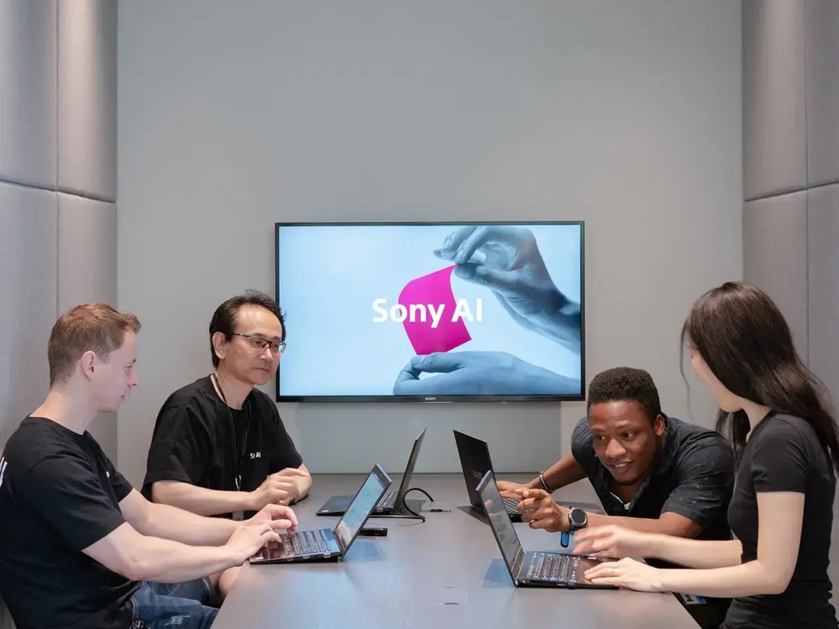 Four people collaborating in a modern meeting room, each with a laptop