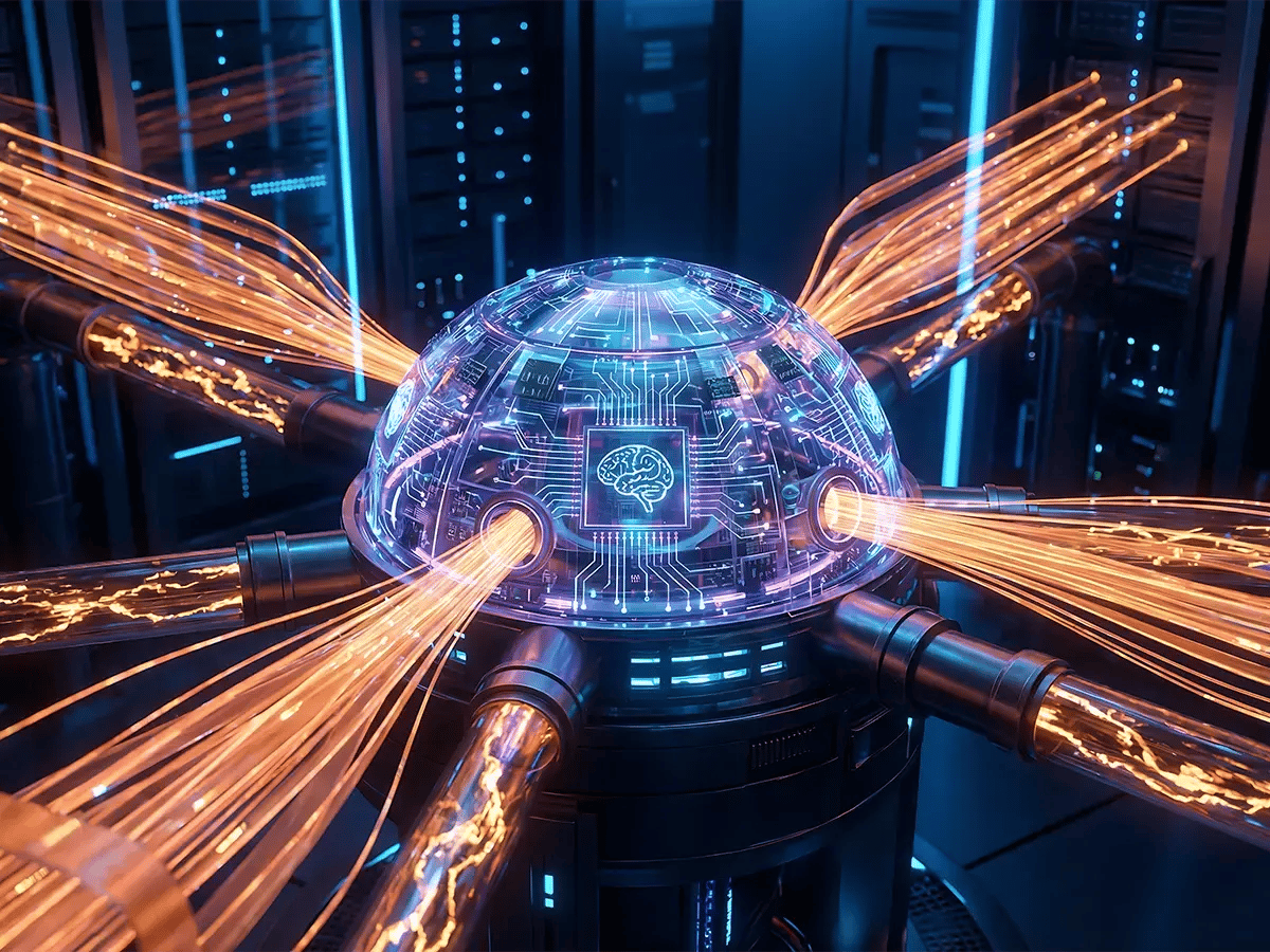 Futuristic server room with a glowing dome featuring circuit patterns and a brain icon