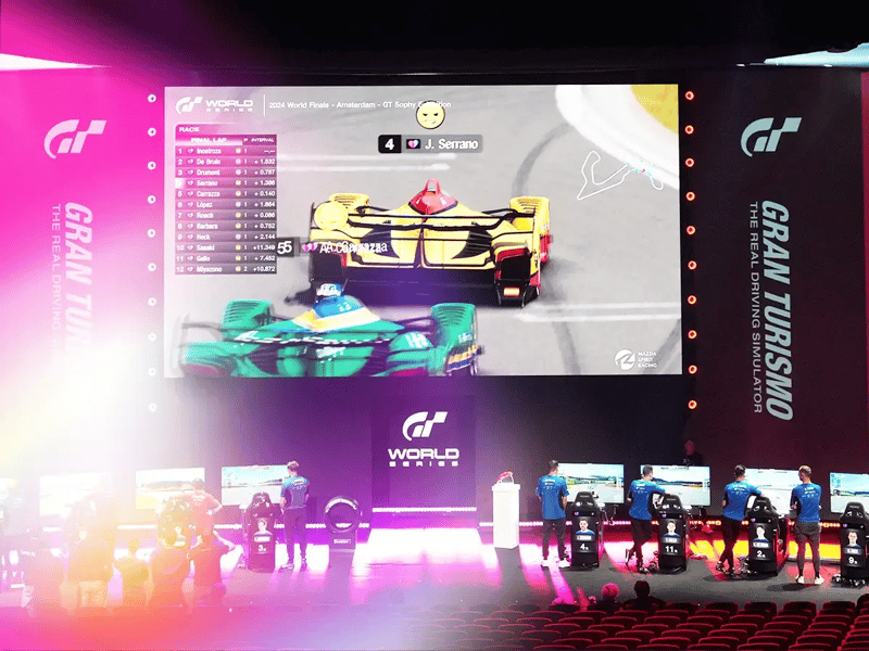 Large gaming screen shows yellow and green cars racing in Gran Turismo with standings on the side