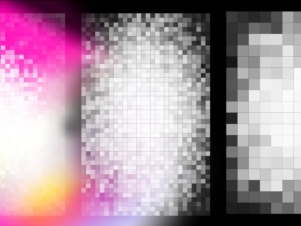 Three vertical panels with a pixelated design, left shows pink and white hues, center is grayscale with soft patterns, and right features a darker grayscale gradient