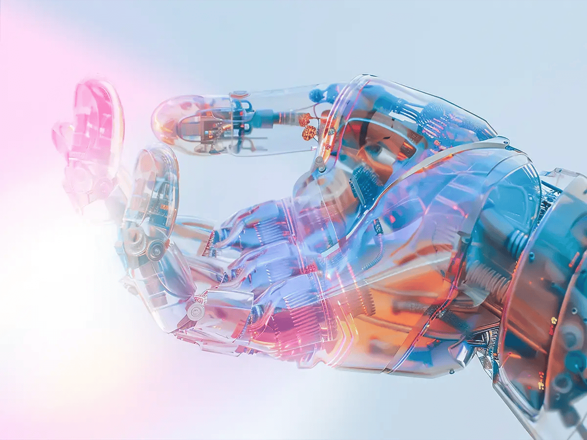 Transparent robotic hand illuminated with soft pink and blue lights, reaching toward a bright glow