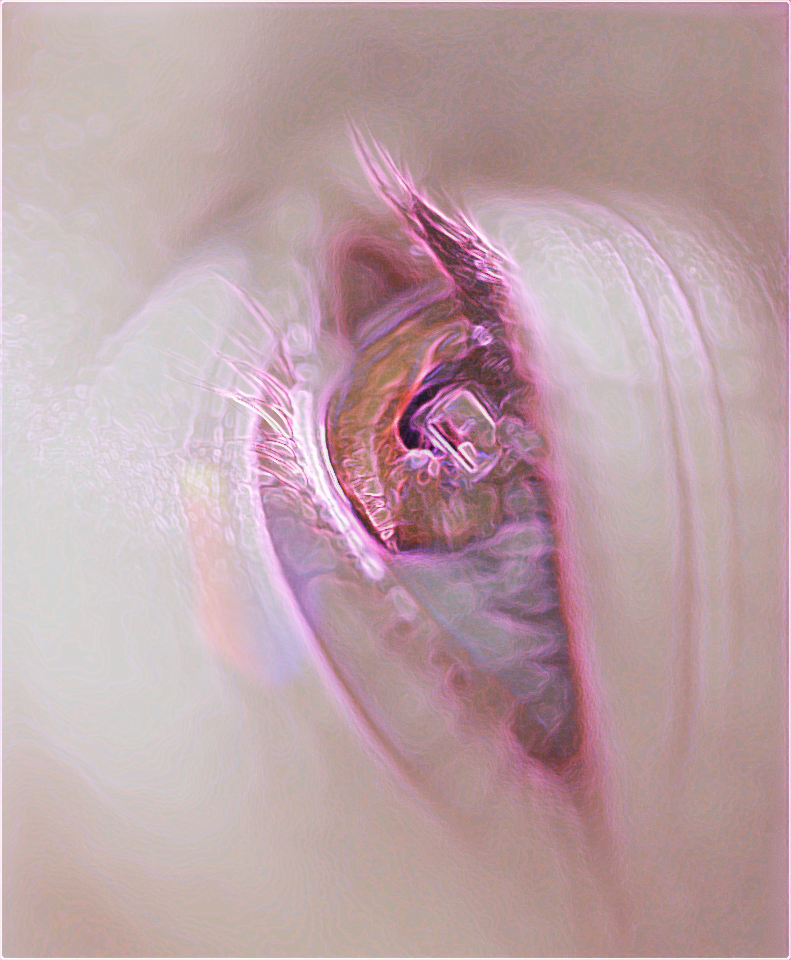 Extreme close-up of an eye partially closed, with focus on detailed, colorful eyelashes against a soft, blurred background